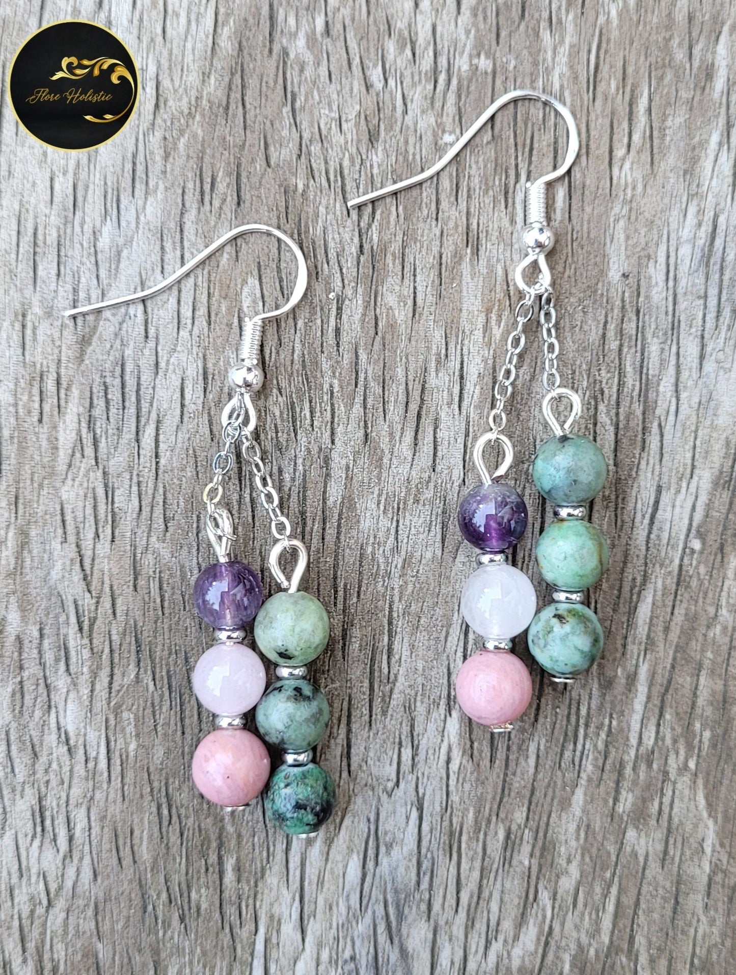 Boucles d’Oreilles Turquoise Africaine, Améthyste, Quartz Rose & Rhodonite – Harmonie et Énergie du cœur - Boucles d'oreilles pierres naturelles - Flore Holistic