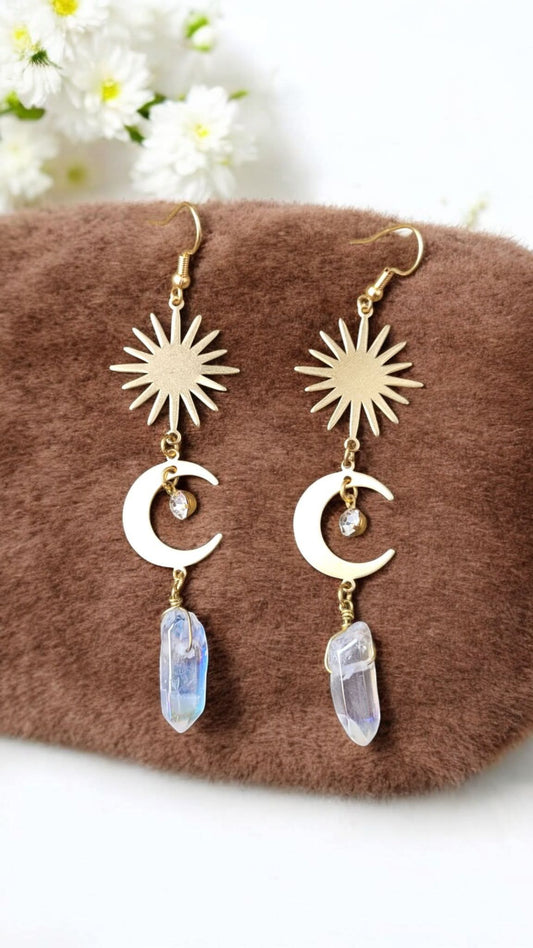 ✨ Boucles Soleil • Lune • Aqua Aura – Acier inoxydable doré - Flore Holistic