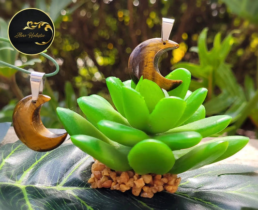 Pendentif Lune en Œil de Tigre – Protection et Confiance - Pendentif en pierre naturelle - Flore Holistic