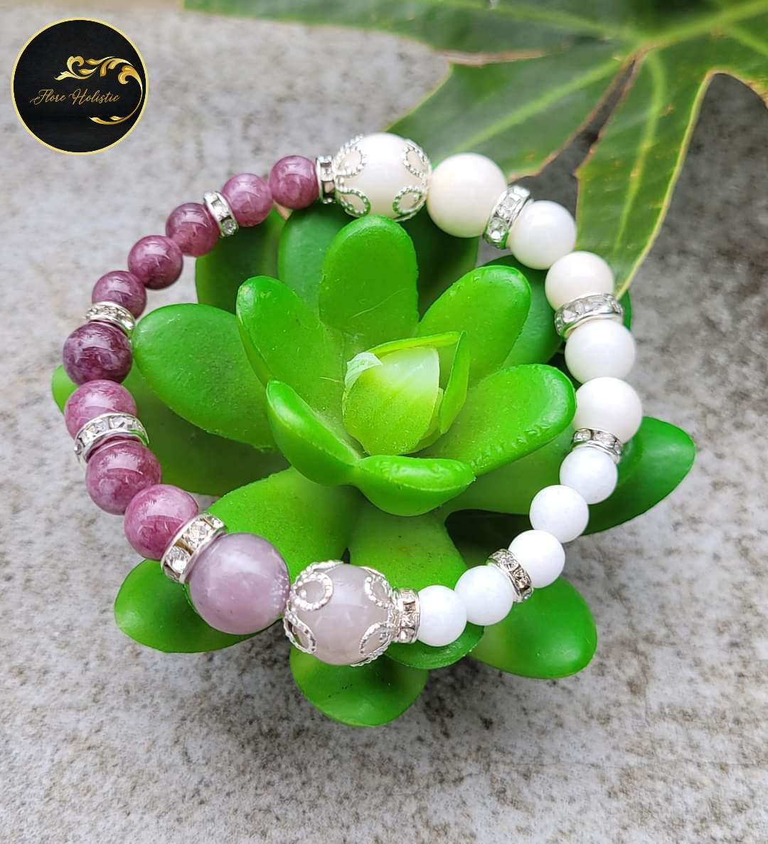 Bracelet INFINITUDE en lépidolite, tourmaline rose et jade blanc