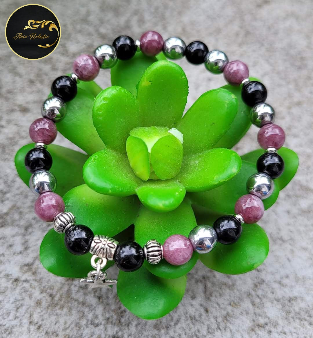 Bracelet en tourmaline, lépidolite et hématite