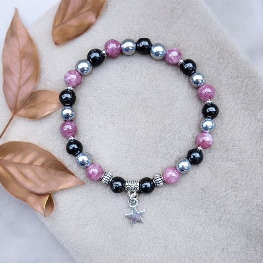 Bracelet en tourmaline, lépidolite et hématite