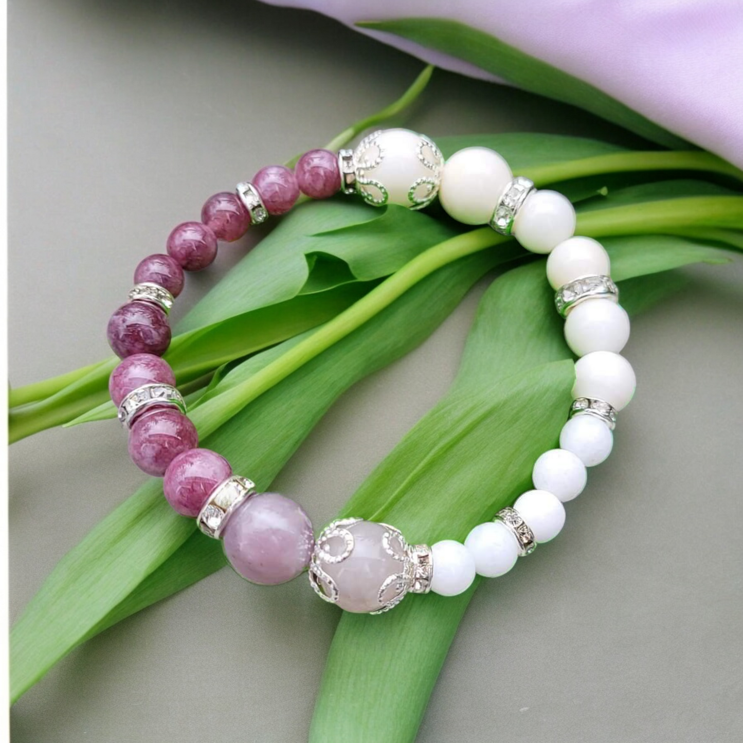 Bracelet INFINITUDE en lépidolite, tourmaline rose et jade blanc