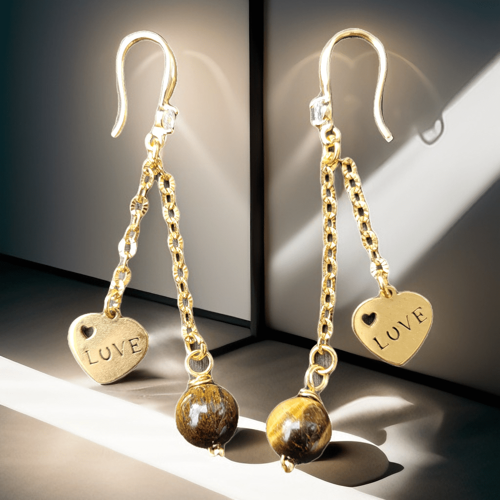 Boucles d’oreilles Œil de Tigre et pendentif LOVE – Protection et confiance - Boucles d'oreilles pierres naturelles - Flore Holistic