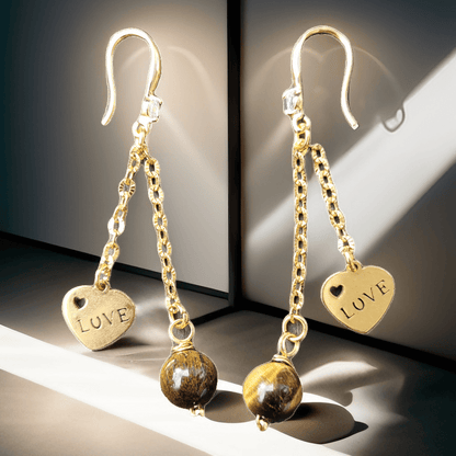 Boucles d’oreilles Œil de Tigre et pendentif LOVE – Protection et confiance - Boucles d'oreilles pierres naturelles - Flore Holistic