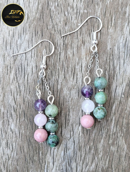 Boucles d’Oreilles Turquoise Africaine, Améthyste, Quartz Rose & Rhodonite – Harmonie et Énergie du cœur - Boucles d'oreilles pierres naturelles - Flore Holistic