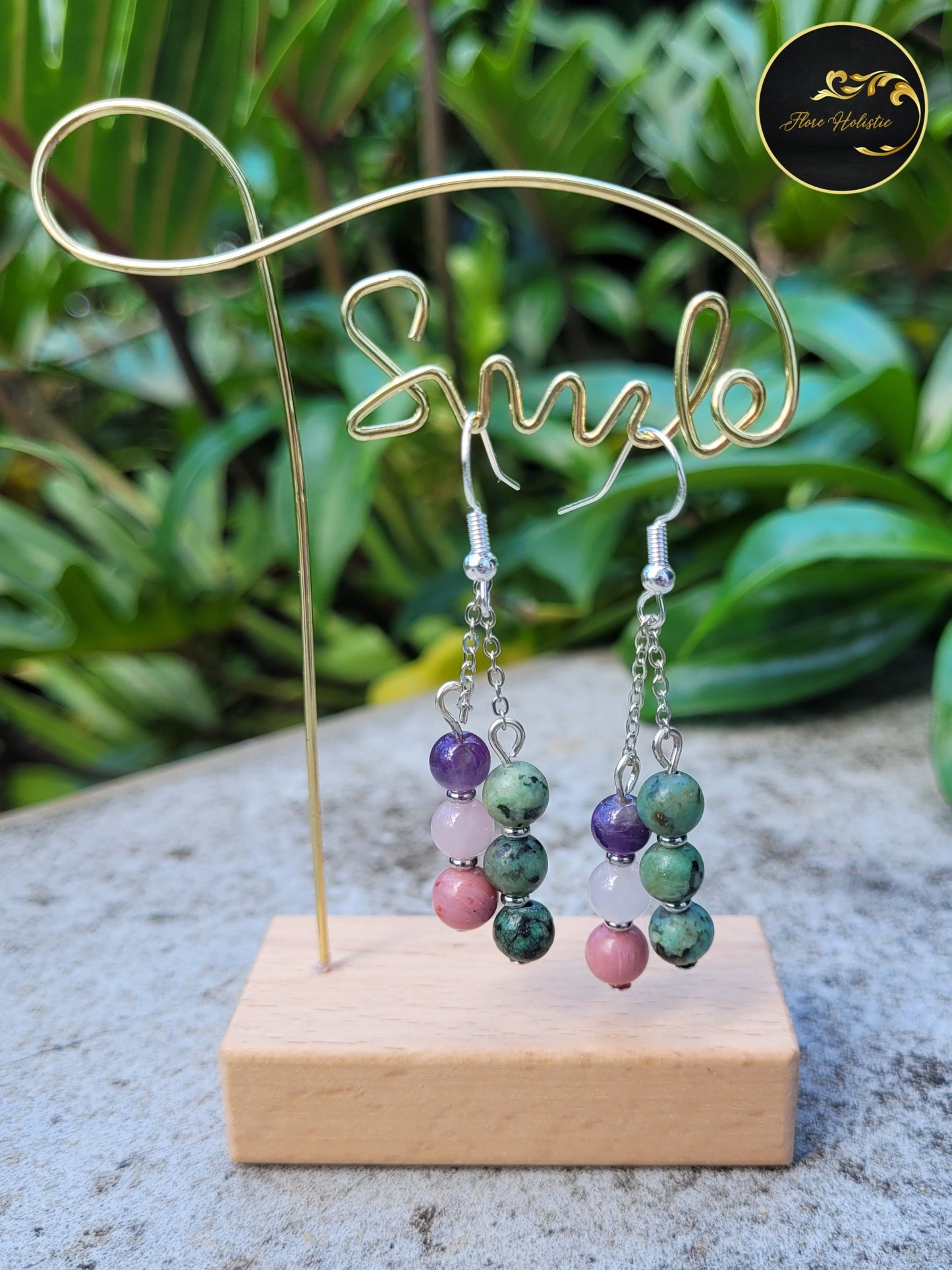 Boucles d’Oreilles Turquoise Africaine, Améthyste, Quartz Rose & Rhodonite – Harmonie et Énergie du cœur - Boucles d'oreilles pierres naturelles - Flore Holistic