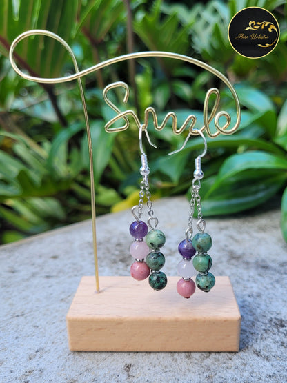 Boucles d’Oreilles Turquoise Africaine, Améthyste, Quartz Rose & Rhodonite – Harmonie et Énergie du cœur - Boucles d'oreilles pierres naturelles - Flore Holistic