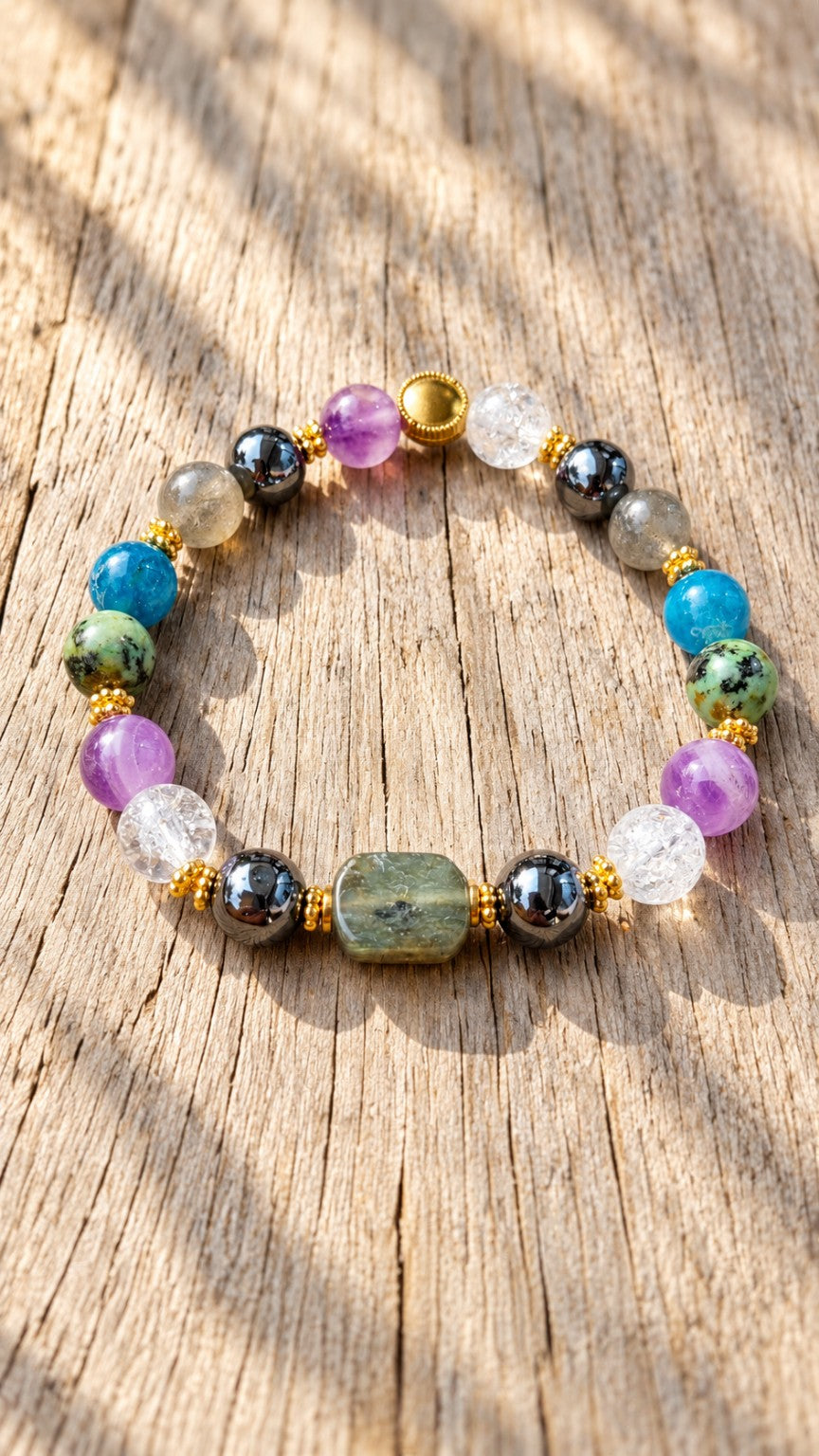 Bracelet Boussole Intérieure 8 mm en pierres naturelles, acier inoxydable et fil élastique
