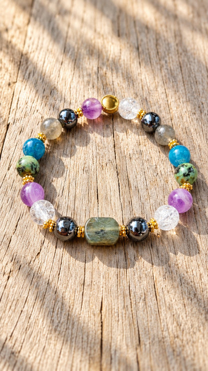 Bracelet Boussole Intérieure 8 mm en pierres naturelles, acier inoxydable et fil élastique