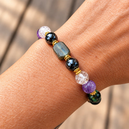 Gros plan du bracelet Boussole Intérieure en labradorite, hématite, cristal de roche et améthyste