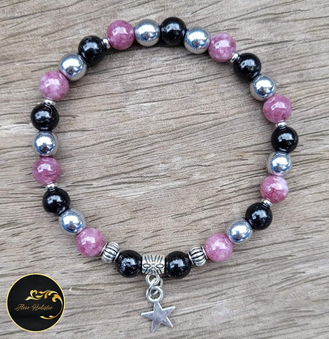 Bracelet Tourmaline Noire, Lépidolite & Hématite 6mm – Protection et Sérénité - Bracelets pierres naturelles - Flore Holistic