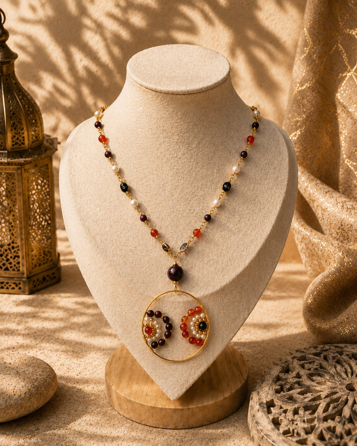 Collier Sultana Dualité en cornaline, grenat et nacre