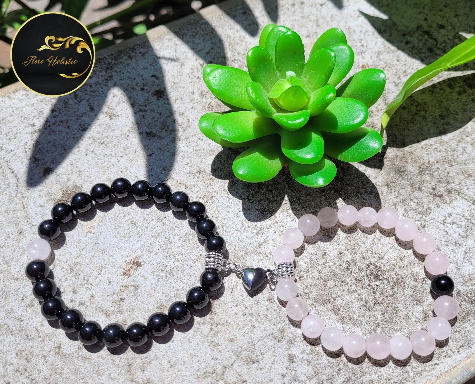 Duo Bracelets Couple – Tourmaline & Quartz Rose – Amour et Protection - Bracelets pierres naturelles - Flore Holistic