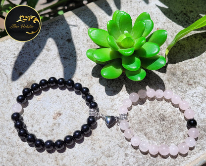 Duo Bracelets Couple – Tourmaline & Quartz Rose – Amour et Protection - Bracelets pierres naturelles - Flore Holistic