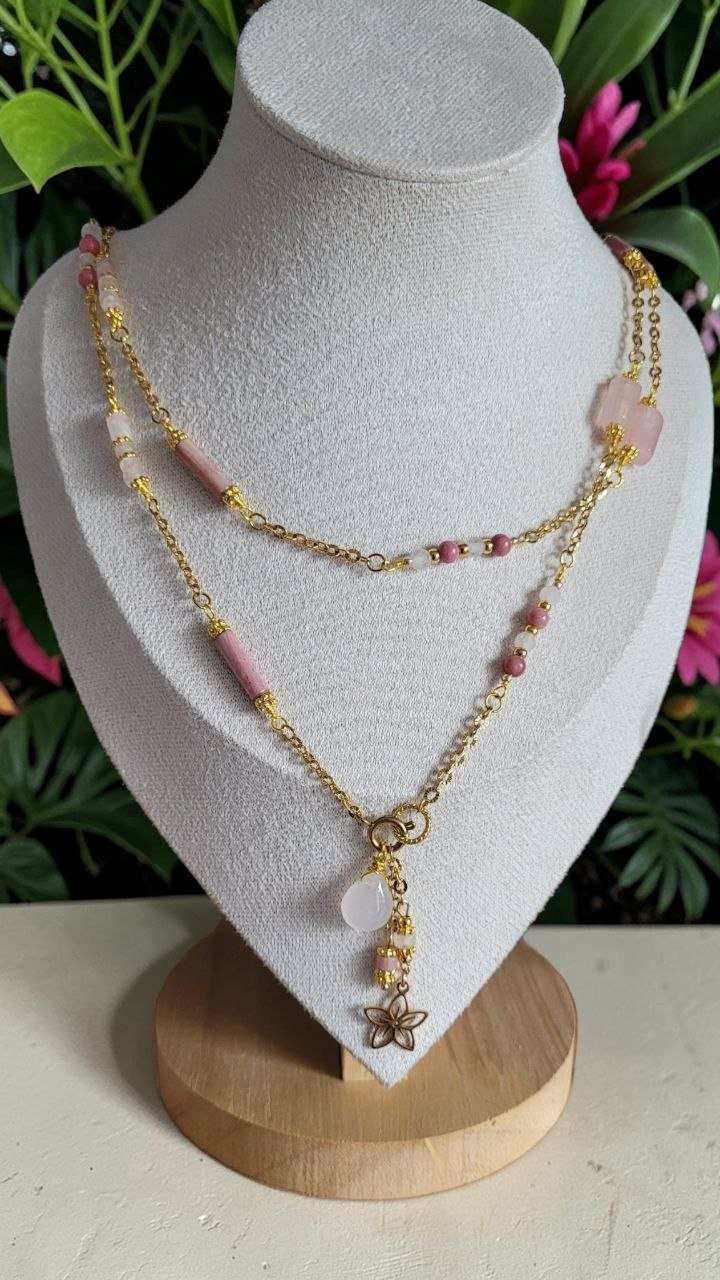 Parure Rhodonite et quartz rose - Douceur et retour à soi - Parure en pierres naturelles - Flore Holistic