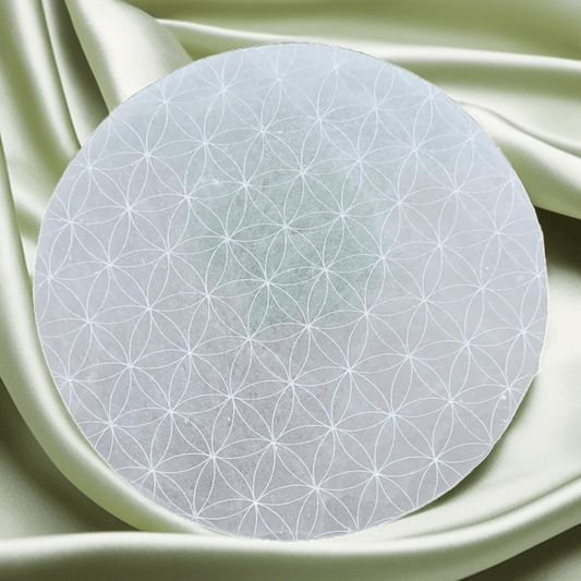 Plateau en Sélénite Fleur de Vie – Purification et Recharge des pierres (14 cm) - Pierre naturelle polie - Flore Holistic