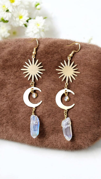 ✨ Boucles Soleil • Lune • Aqua Aura – Acier inoxydable doré