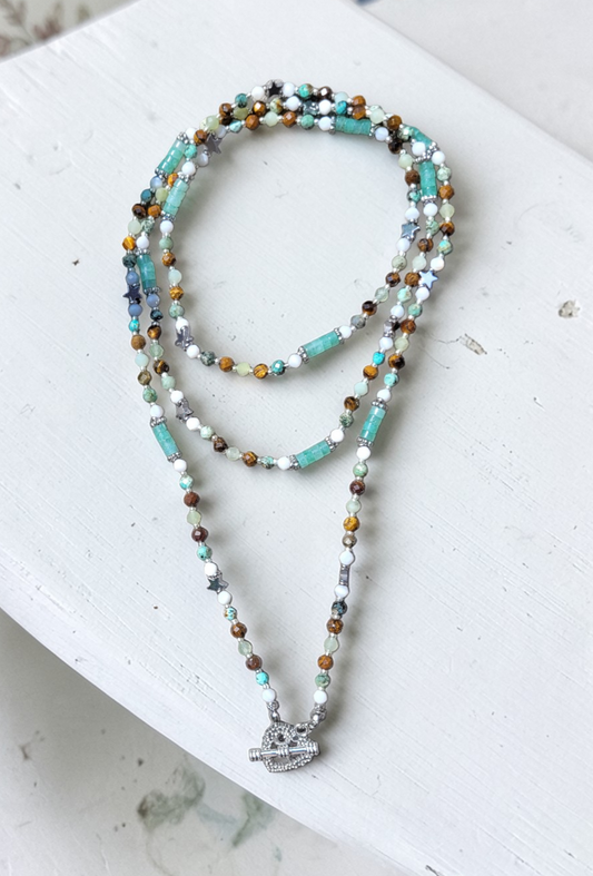 Parure Harmonie Naturelle – Aventurine, Turquoise africaine, Œil de tigre, Calcite, Nacre & Hématite