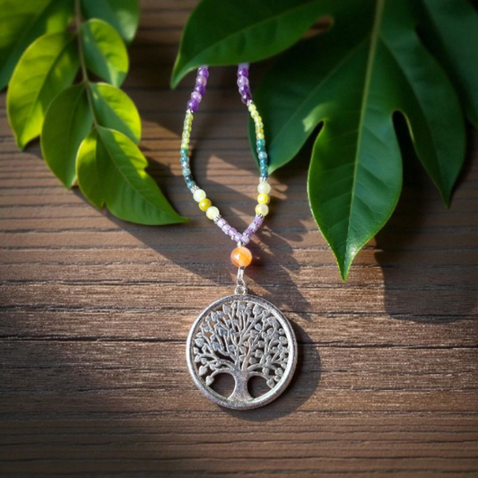 Sautoir “Arbre de Vie” – Cornaline, Agate Mousse, Améthyste, Quartz Citron & Péridot