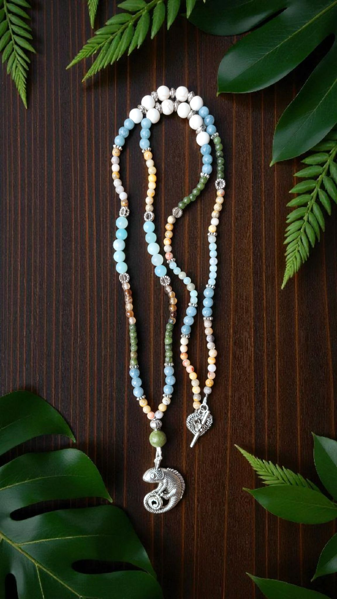 Sautoir “Caméléon” – Agate Crazy Lace, Jade, Amazonite & Magnésite