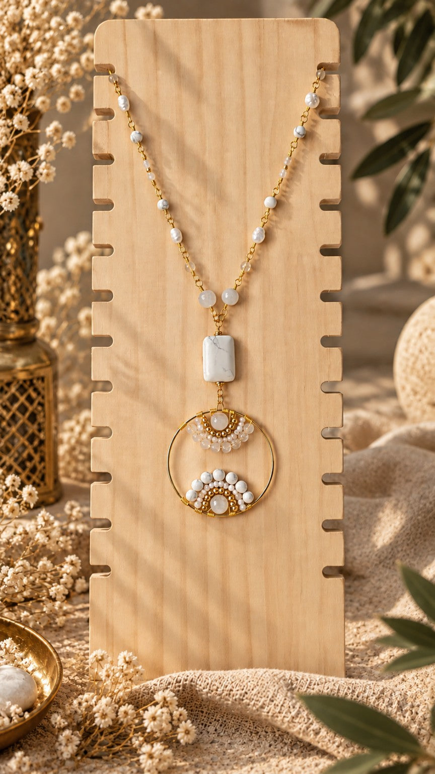 Parure Sultana Éther : collier en péristérite, howlite, cristal de roche et nacre